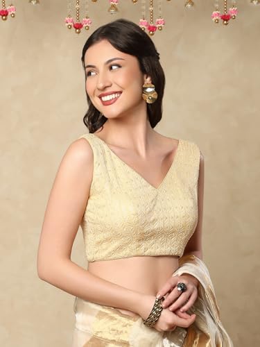 SALWAR STUDIO Golden Georgette V-Neck Readymade Sleeveless Saree Blouse