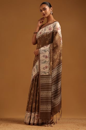 Soch Womens Brown Tussar Botanical Saree
