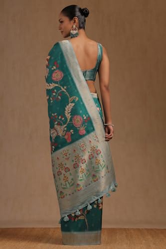 Soch Womens Teal Tussar Floral Print Saree