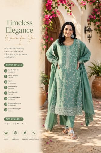 Women's Sea Green Silk Blend Straight Kurta Set With Dupatta And Pant
