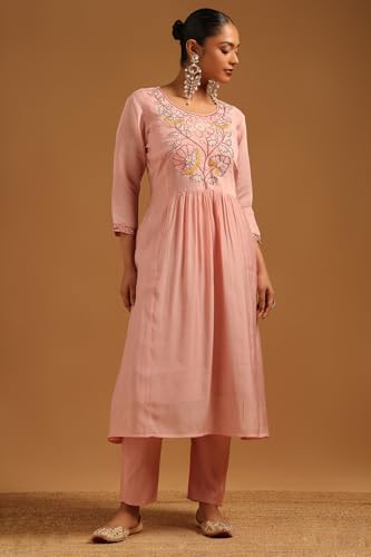 Soch Womens Pink Mul Chanderi Floral Salwar Suit With Hand Embroidery and Bead Details