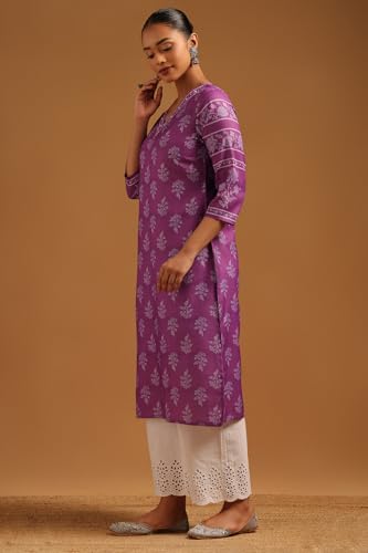 Soch Womens Purple Poly Linen Botanical Kurta with Bead Details