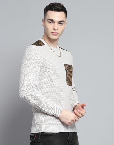 Monte Carlo Mens Self Design Beige Round Neck Full Sleeve Pullover