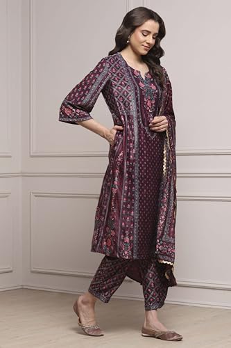 Biba Women Plum Polyester Straight Printed Suit Set_36
