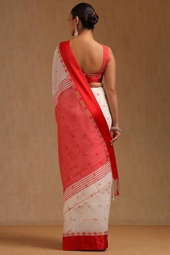 Soch Womens White Cotton Woven Design Saree