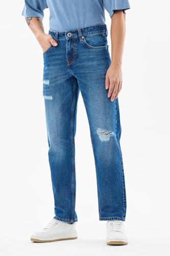 SNITCH Men Blue Casual Jeans | Relaxed Fit Heavy Distressed Design with Whiskered Effect | 100% Cotton Woven Fabric & Stone-Wash Finish for Street Wear