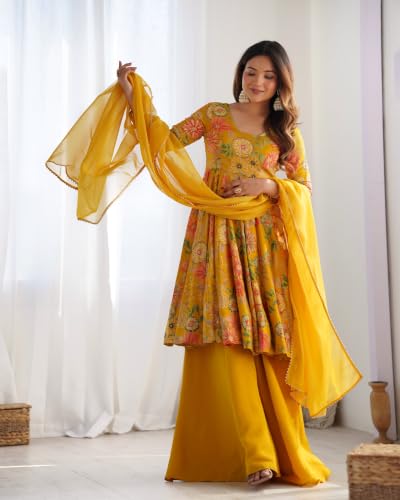 Leeli Peeri Designer Women's Roman Silk Printed Flared Kurta Palazzo And Dupatta Set