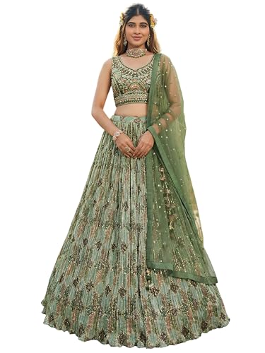 Zeel Clothing Women's Chinon Silk Embroidered Mirror Work Lehenga Choli with Dupatta (114-Green-Women-Lehenga-Choli-Set; Free Size; Green)