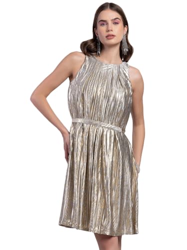 Faballey Women's Polyester Silver Pleated A-Line Dress with Embellished Cord Belt Knee-Length Dresses (DRS06598_Gold_M)