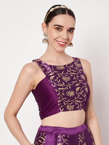 studio rasa Women's Dupion Block Printed Panelled Blouse for Festive Wedding Party (TPWC62554S_Purple_Small)