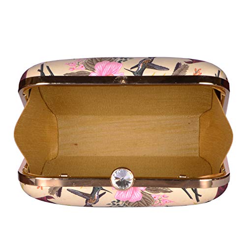 Artklim Beige Flower & Birds Print Hand Clutch for Women & Girls - Box Handbag with Chain Strap - Designer Evening Purse - for Wife