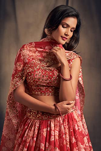Zeel Clothing Women's Organza Floral White Semi-Stitched Lehenga Choli (7617-Red-Women-Floral-Lehenga-Latest, Corel Red)
