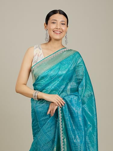 MOHEY Women's Art Silk Mirror Work Zari Saree(Teal Blue)