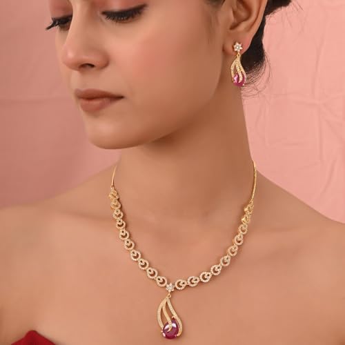 RATNAVALI JEWELS Red American Diamond Traditional Ruby Necklace Pendant Set with Earring for Women