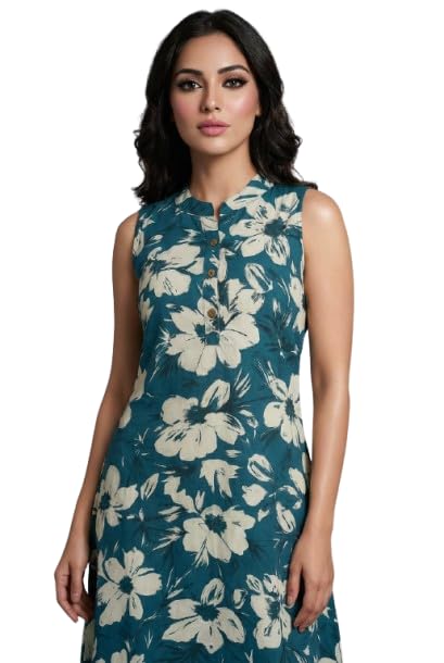 Women's Sleeveless Floral Print Dress, Teal Blue with Cream Flowers, A-Line Style (in, Alpha, XL, Regular)