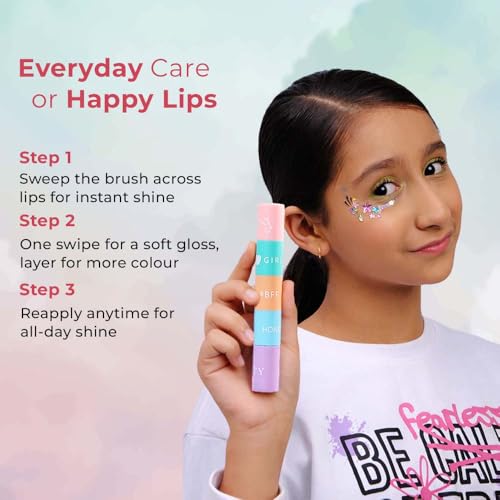 Whimsy Beauty 4-in-1 Mini Lip Gloss for Kids and Pre-Teens | Smooth Non Sticky Shine with Lightweight Texture | Long Lasting Glossy Finish | 4 to 16 Years | Organic, Natural, Chemical Free | 4 ml