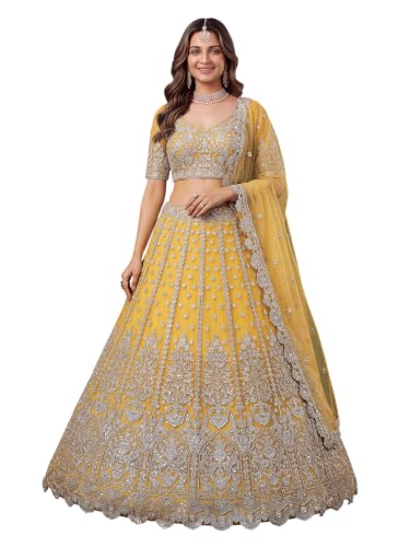 Zeel Clothing Women's Zari Sequins Embroidered Work Soft Net Lehenga Choli With Dupatta (6013-Yellow-Womens-Lehenga-Choli-New; Free size)