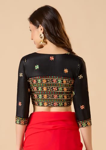 SALWAR STUDIO Black Chinon Silk V Neck Phulkari Readymade Blouse