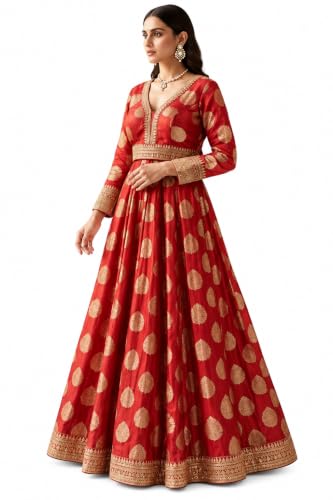 Vaishali Ethnic Women's Red Printed Anarkali Dress with Embroidered Border