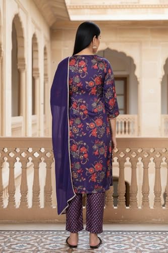 W for Woman Purple Floral Printed Japanese Satin Straight Kurta with Straight Pant and Dupatta Set (WS13280-126644-M)