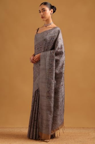 Soch Womens Grey Tussar Kantha Embroidered Warli Saree