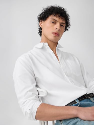 The Souled Store Supima Shirt: Classic White Men and Boys Long Sleeves Collared Neck Button Front Solid Regular Fit Cotton Supima Shirts