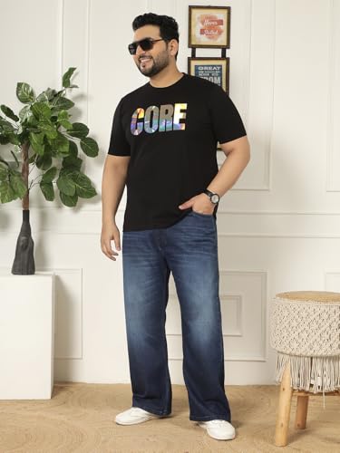 JOHN PRIDE Plus Size Men Regular Fit Printed Short Sleeves Black Round Neck Stretchable T-Shirt (JPTSR32444_6XL_Black)
