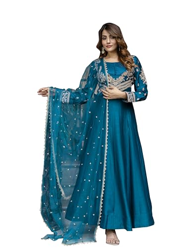 TRENDMALLS Women's Art Silk Embroidery Work Anarkali Kurta Pant with Net Dupatta Set For Women (G333-Morpeach-3XL)