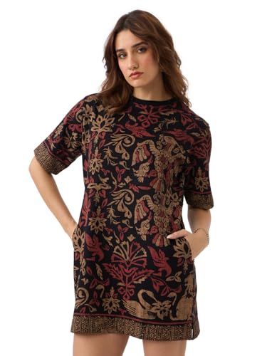 The Souled Store Nomad: Grace Women and Girls Short Sleeves Round Neck Black Abstract Printed Cotton Casual Everyday Mini Oversized T-Shirt Dress