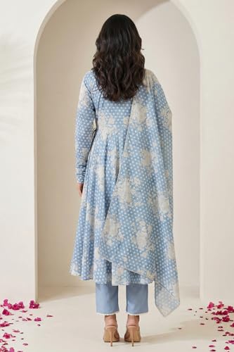 W for Woman Blue Floral Printed Lace Chanderi Sleeveless A-line Kurta with Straight Pants and Dupatta Set - (WS14081-127218-XL)