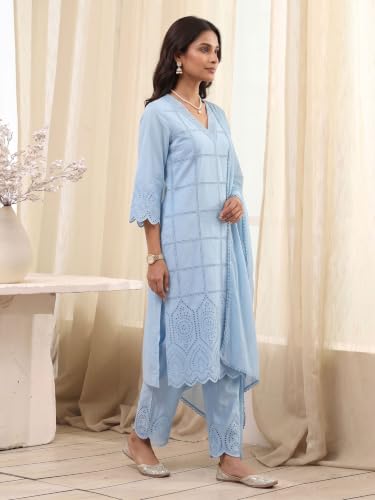 BIBA 100% Cotton Solid Casual Straight Kurta With Palazzo And Dupatta
