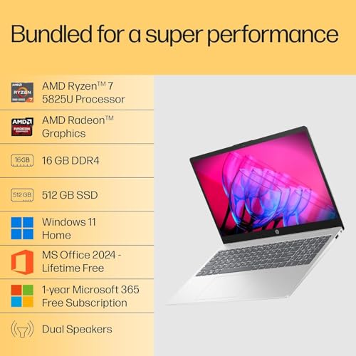 HP 15 Laptop, AMD Ryzen 7 5825U [16GB DDR4,512GB SSD] [Win11, Office Home'2024/M365 Basic(1yr)*] [Anti-Glare,Micro-Edge,15.6''/39.6cm FHD]Silver,1.59kg [Backlit KB+FHD Camera+Radeon Graphics] fc0533AU
