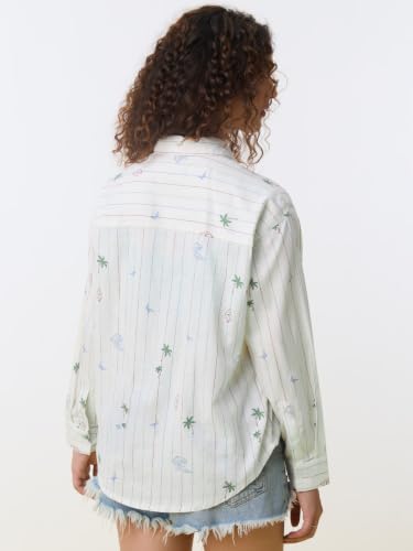 The Souled Store Beach Stripes Women and Girls Full Sleeves Spread Collar Off White Printed Cotton Oversized Fit Lightweight Summer Ready Shirt for Casual Wear