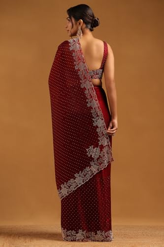 Soch Womens Maroon Fendy Organza Embellished Saree With Stone Work