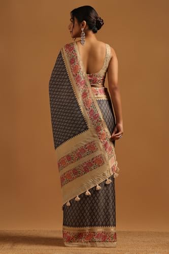 Soch Womens Charcoal Tussar Floral Saree With Zari Work