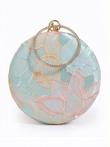 THE TAN CLAN Women Blue Floral Embroidered Clutch Purse Stylish Bridal Handbag Round Designer Clutch Bag For Women Wedding Party Ethnic Fancy Purse With Chain And Metal Handle