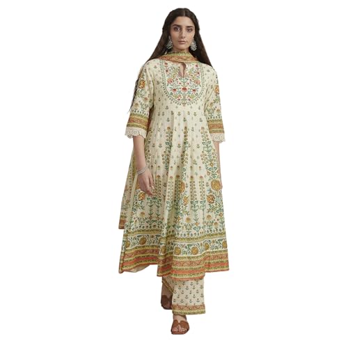 Biba Women Cream-Toned Cotton Printed Kalidar Suit Set_34