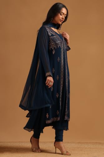 Soch Womens Teal Georgette Solid Salwar Suit With Stone Embellished Jacket