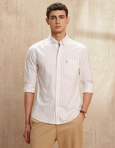 U.S.Polo ASSN. Men's Striped Tailored Fit Button Down Shirt (USSHT3094_Beige