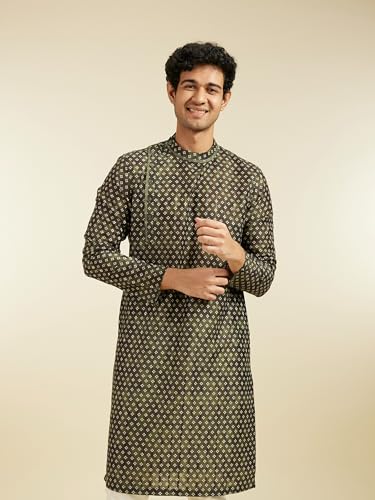 DIWAS BY MANYAVAR Men's Art Silk Printed Kurta Set (Dark Green,L)