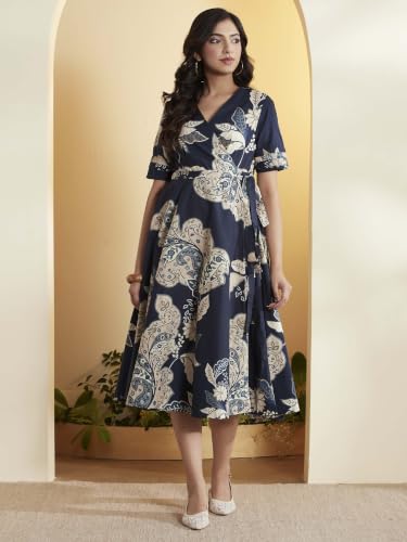 BIBA 100% Cotton Printed Semi-Formal Kalidar Dress Blue