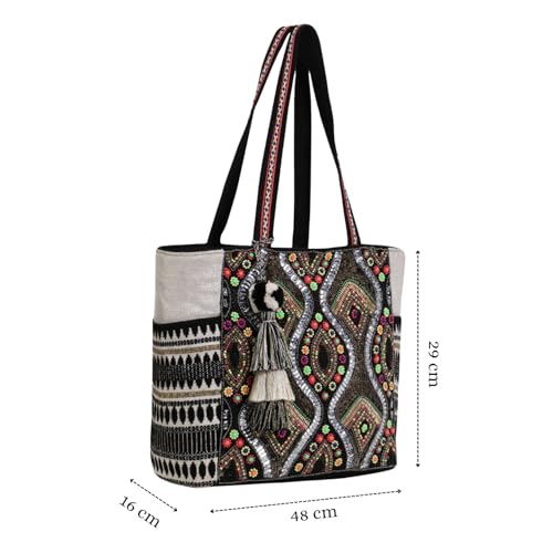 Anekaant Boho Natural, Black & Multicolor Acrylic Jacquard & Cotton Canvas Trellis Embellished Tote Bag