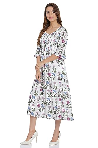 BIBA Women's Off White Cotton Flared Printed Dress Ankle Length DRESSES14868SS19OWHT