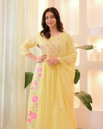 VARNI FABRICS: A lady's First Love Yellow Silk Blend Embroidered Flared Kurta Set For Women With Dupatta And Pant