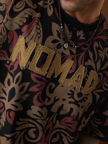 The Souled Store Nomad: Relic Men and Boys Short Sleeves Round Neck Black Printed and Embellished Comfortable Casual Streetwear Trendy Cotton Super Oversized T-Shirt
