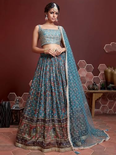 Zeel Clothing Women's Silk Embroidered Semi-Stitched Wedding Lehenga Choli with Dupatta (106-Blue-Wedding-Bridal-Lehenga-Choli; Free Size)