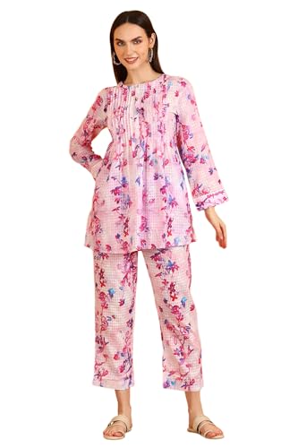 W for Woman Pink Floral Printed Textured Cotton Short Tunic and Pants Co-ord Set (Size: M)-WS31246-125342