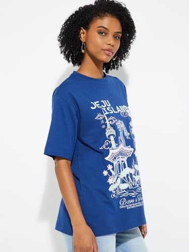 Max URB_N Women Oversized Printed T-Shirt (Blue_XXL)