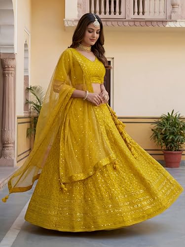 Zeel Clothing Women's Sequins Thread Embroidered Georgette Lehenga Choli With Dupatta (5124-Yellow-Women-New-Lehenga-Choli; Free size) (Yellow)
