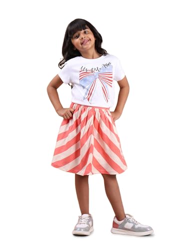 U.S. POLO ASSN. Girls Diagonal Striped Flared Skirt (UGSKR0036_Coral_9-10Y) Pink